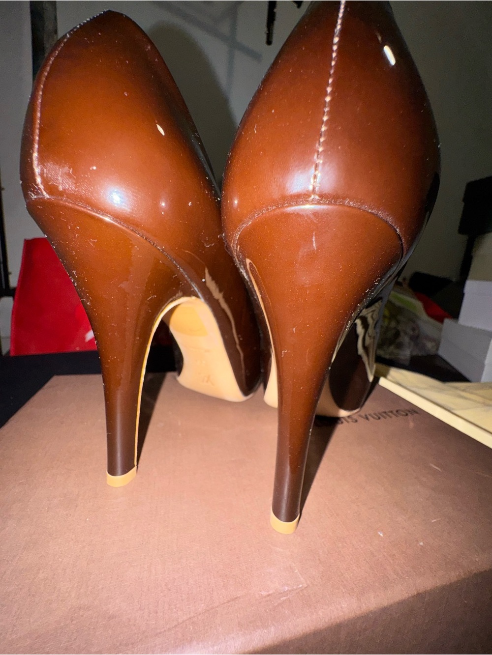 Louis Vuitton Brown Patent Leather High Heel Pumps with Bow Accent - Picture 8 of 9